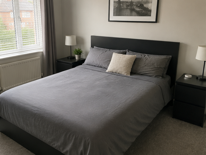A bedroom in an Eastbourne holiday let, made up with fresh linen for the next arrival