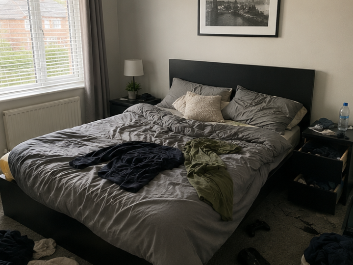 The same Eastbourne holiday-let bedroom on the morning after check-out, before the changeover clean